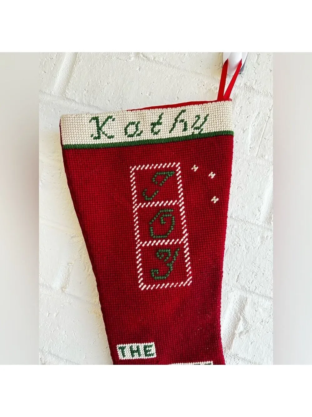 The Spirit of Christmas Red Joy Stocking for Kathy.  Cross Stitched Design Vtg